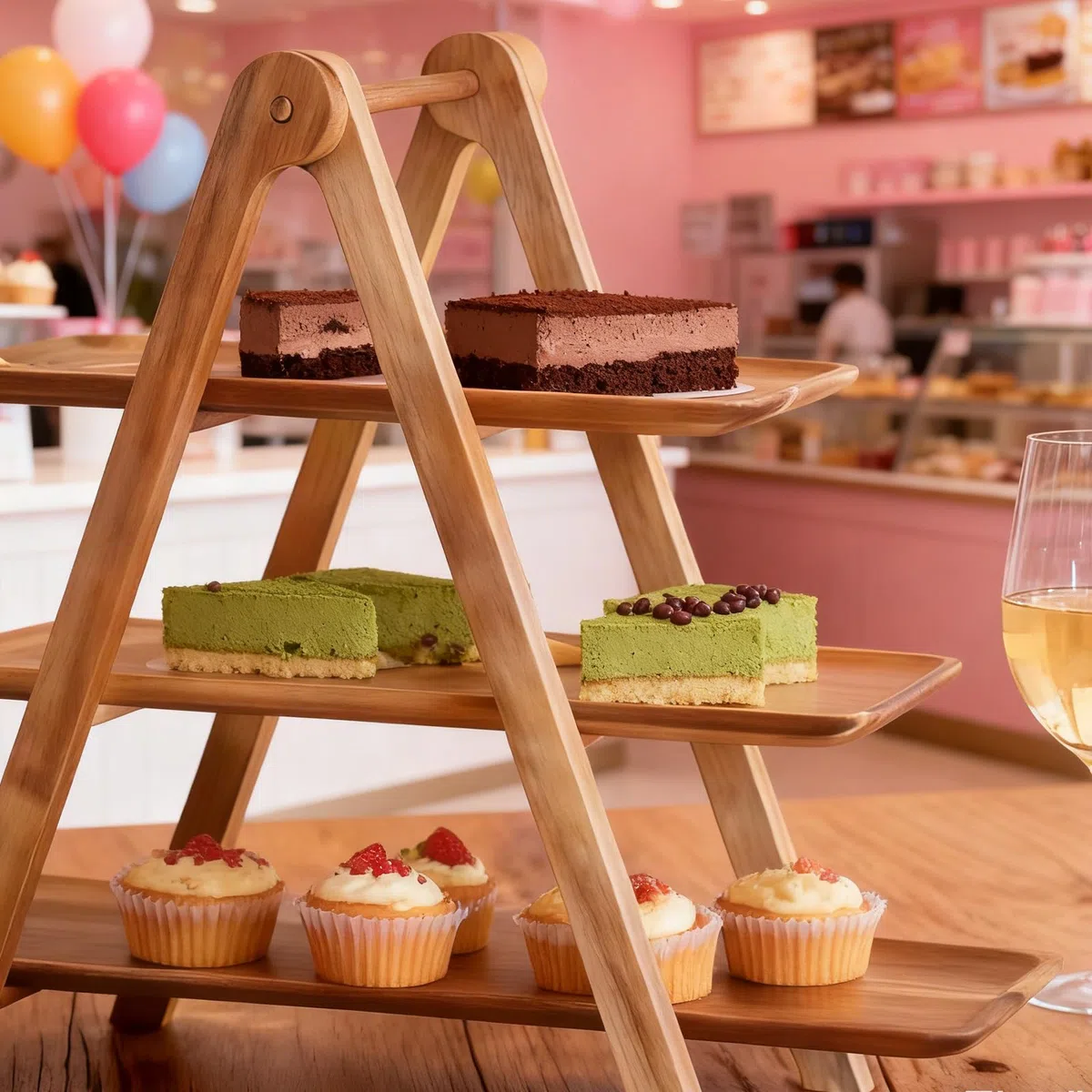 PORFOYO Supporto per cupcake, in legno, a 3 piani, per dessert, 3 piani, con maniglia, supporto in legno con piatti da portata per dessert, accessori per buffet, decorazione per feste