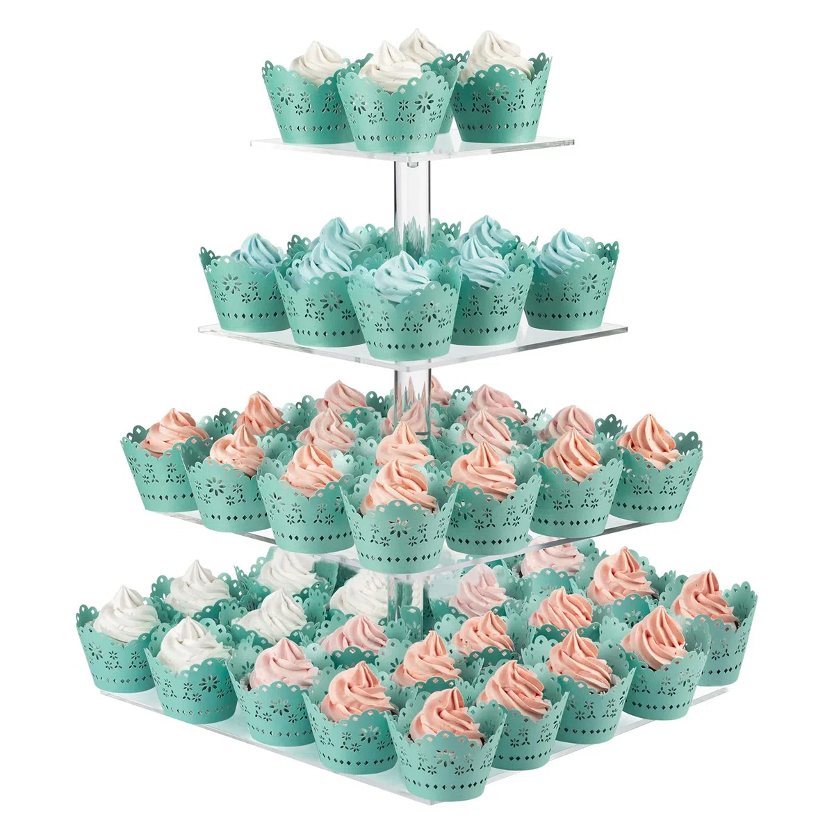 CECOLIC Alzata per Cupcake a 4 Livelli Porta Cupcake Quadrato in Acrilico Trasparente Espositore per Torte Torre per Dessert per Decorazioni per Feste di Compleanno di Matrimoni (Quadrato - 30,5 cm)