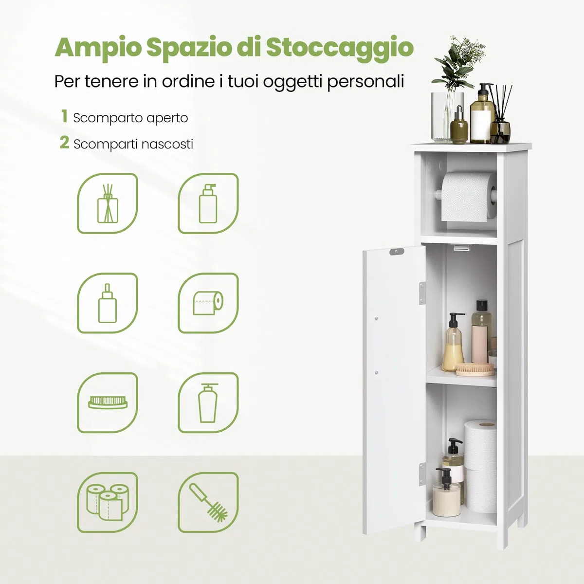 EUGAD Porta Carta Igienica da Terra, Mobile a Colonna, Mobiletto da Bagno Salvaspazio Stretto con Anta, Portarotolo Carta Igienica Bianco, in Legno, 18x18x71 cm