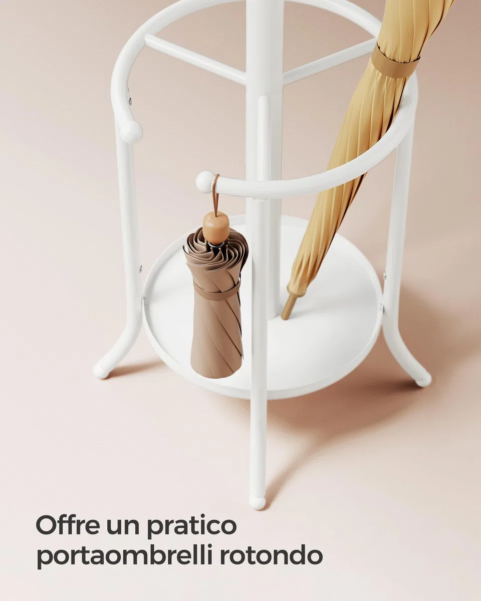 SONGMICS Appendiabiti da Terra, Attaccapanni con Portaombrelli, 12 Ganci, Struttura in Metallo, Alto 175 cm, per Ingresso Entrata Soggiorno Camera da Letto, Bianco Perla RCR011W01