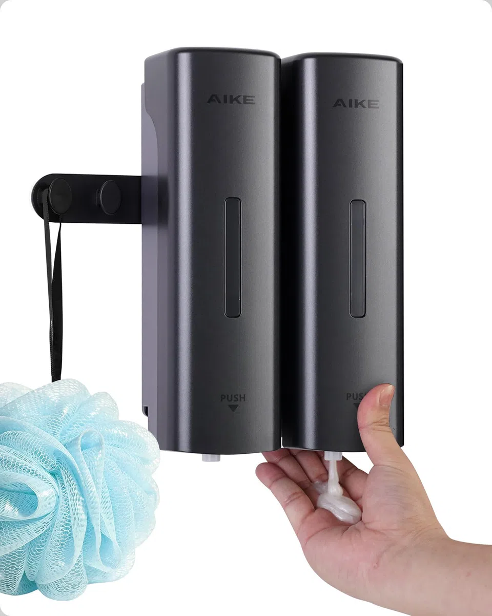 AIKE EasyPush Dispenser Doccia, Montaggio A Parete Senza Foratura Per Shampoo & Balsamo, Risparmia Spazio, Doppio