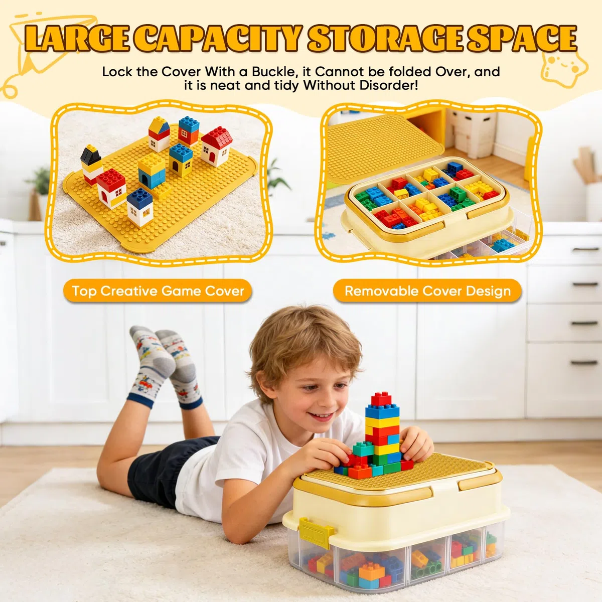 Scatola Porta Mattoncini 4 Cassetti con Coperchio, 33x25x26 cm, Contenitore Trasparente per Organizzare Mattoncini e Puzzle, con Maniglia e Vassoio Estraibile (5L, Giallo)
