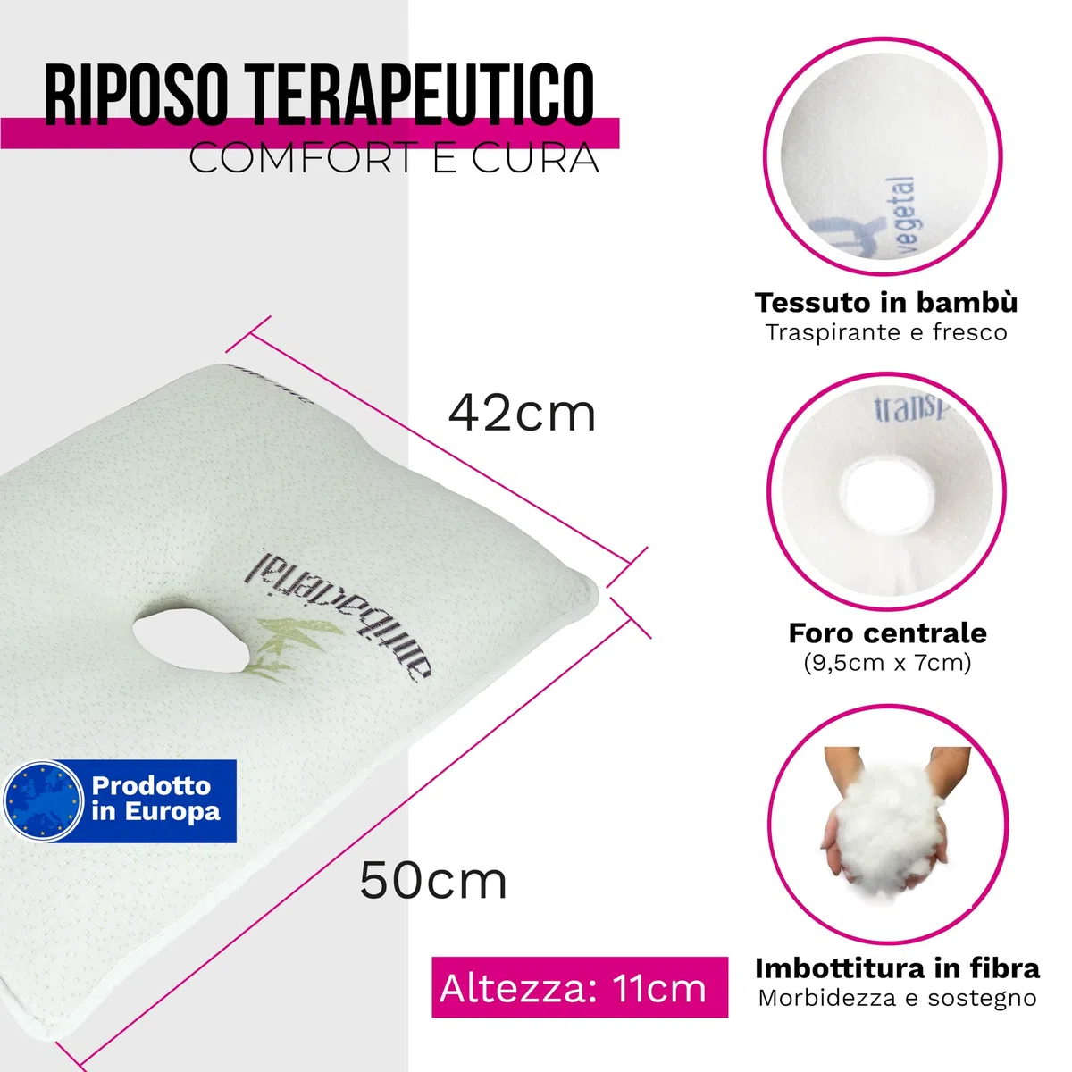 Ubio Cuscino per Condrodermatite, Cuscino Antidecubito Orecchio Piercing, Federa in Bambù Traspirante e Antibatterica, Ergonomico 50x42x11 cm con Foro Centrale, Allevia la Pressione, Made in Spagna