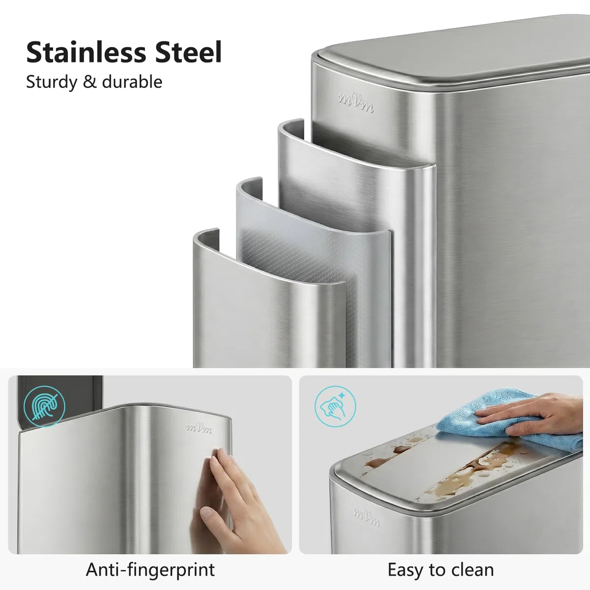 mVm Pattumiera Bagno Design 6L con Pedale, Secchio Interno Rimovibile, Chiusura Soft Close, Pattumiera Slim in Acciaio Inox per Bagno Moderno