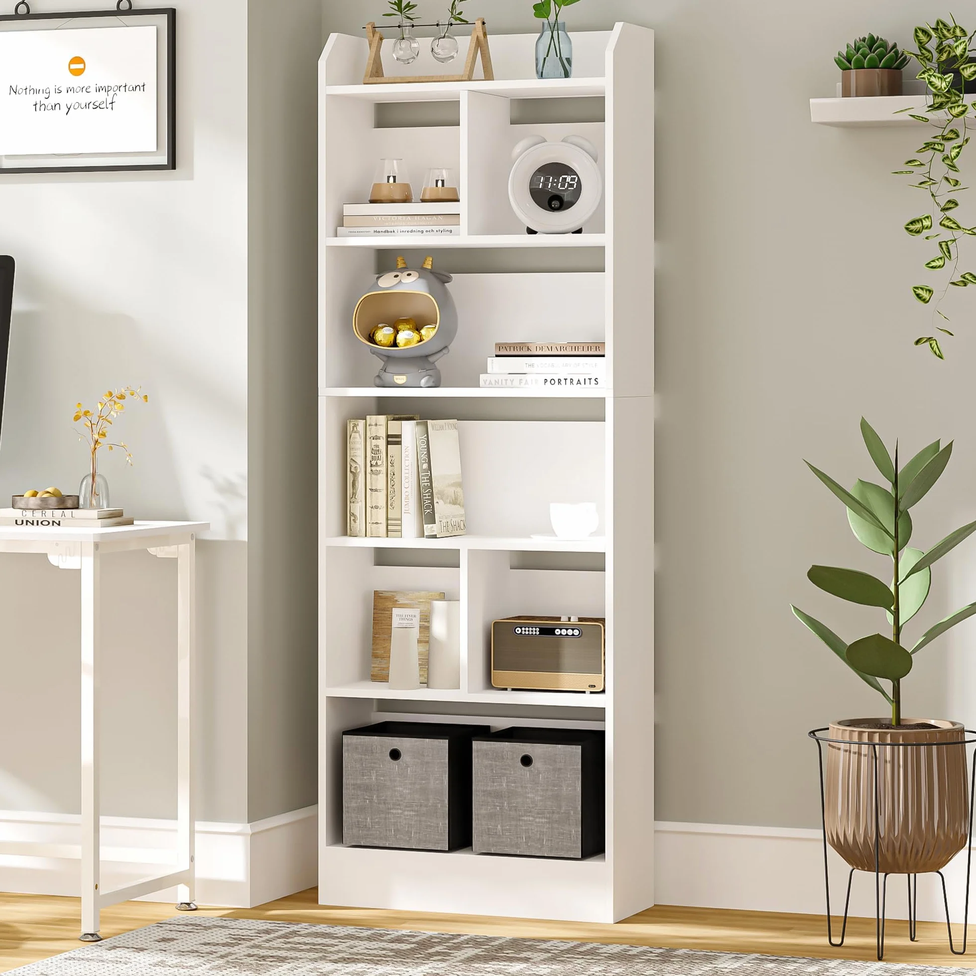 Hzuaneri Libreria a 6 Ripiani, Scaffale con Scomparti e Ripiani Aperti, Organizzatore, Libreria Verticale Mobiletto Multiuso per Soggiorno, Studio, 24 x 60 x 170 cm, Bianco BC11103X