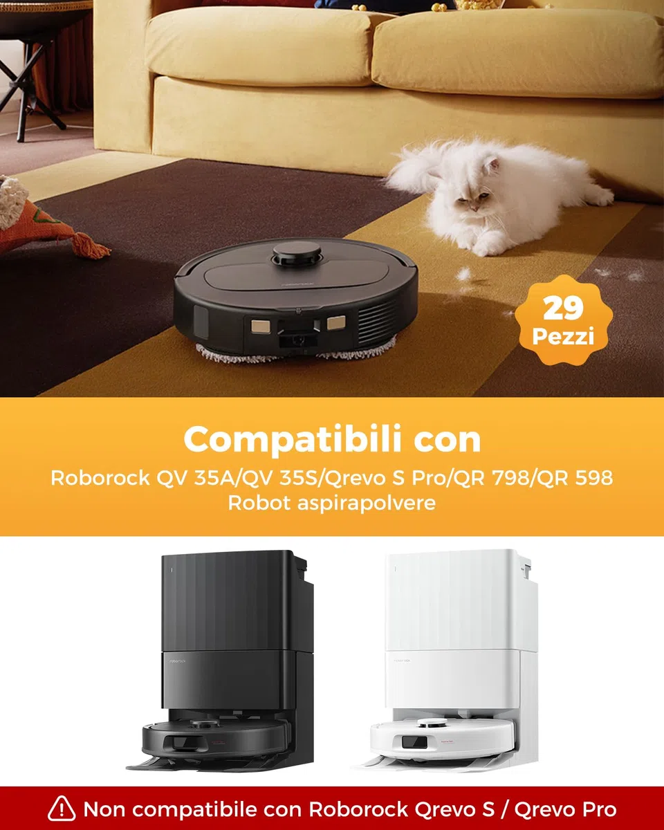 29 pezzi QV35A accessori per Roborock QV 35A/QV 35S/Qrevo S Pro/QR 598/QR 798 aspirapolvere robot. 2 spazzole principali, 6 sacchetti per la polvere, 4 filtri HEPA, 6 spazzole laterali, 8 tamponi