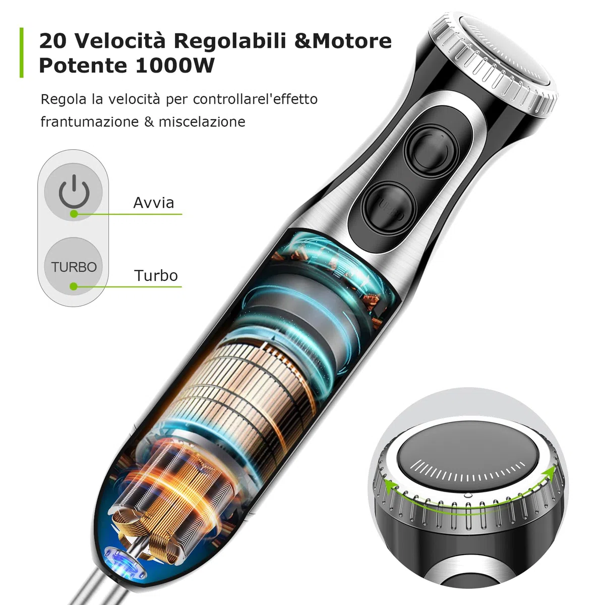Bonsenkitchen Frullatore a Immersione Multifunzione 4 in 1, Minipimer in Acciaio Inox, 1000 W, 20 Velocità Regolabili, con Frusta, Tritatutto da 500 ml e Misurino da 700 ml, HB3203