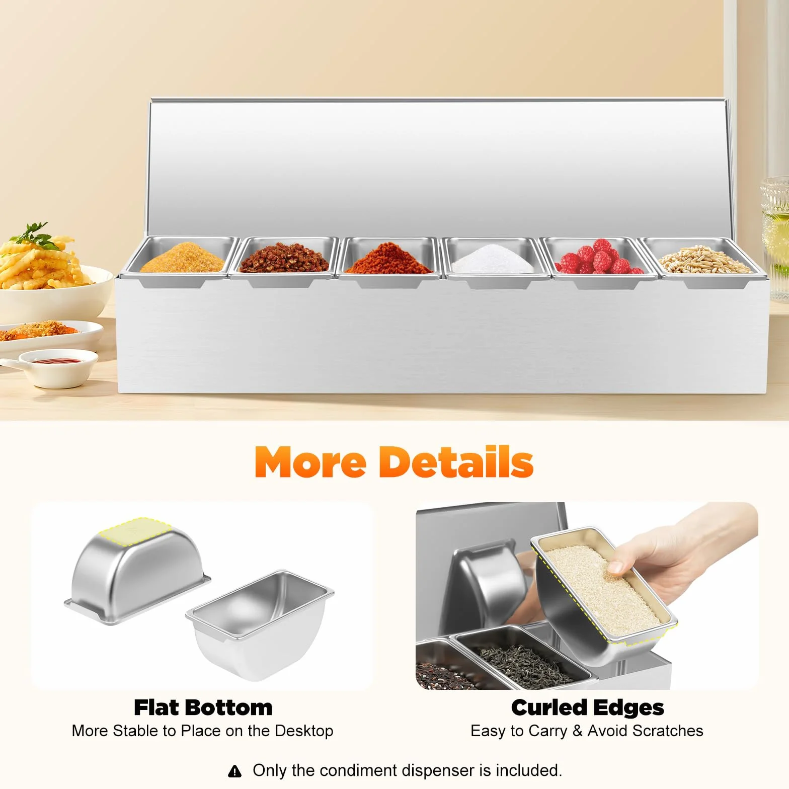 Contenitore per ingredienti in acciaio inox, 6 scomparti, accessori per la gastronomia, per la cucina, ristorante e catering, per sale, pepe, aceto, salsa al cioccolato