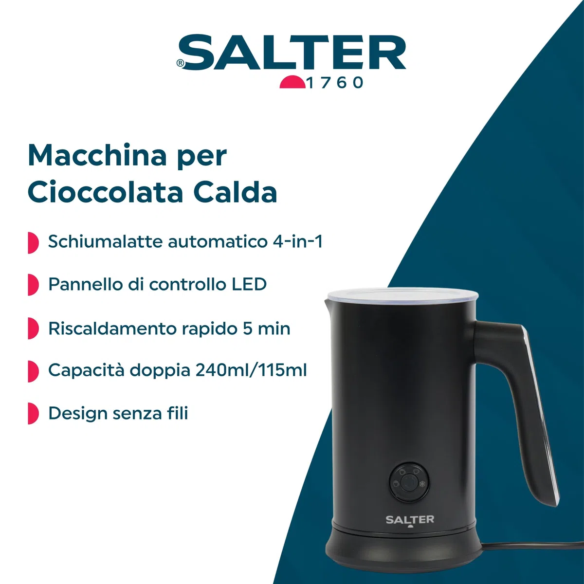 Salter Macchina per la cioccolata calda - Schiumalatte automatico 4-in-1, riscaldatore di latte caldo e freddo, 240ml/115ml, 500W, senza fili, pannello di controllo LED, per caffè, latte ghiacciato