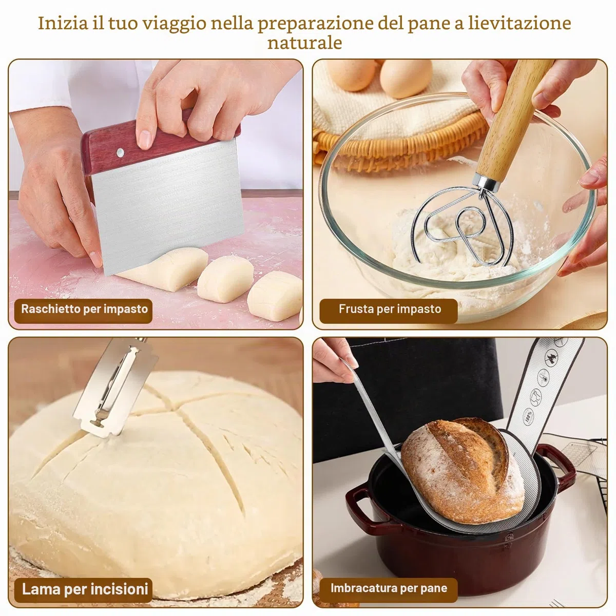 Set completo per lievito naturale 12 pezzi: cestino per pane ovale da 25 cm e cestino rotondo da 23 cm, supporto per pane in silicone, barattolo per fermentazione del lievito, set di