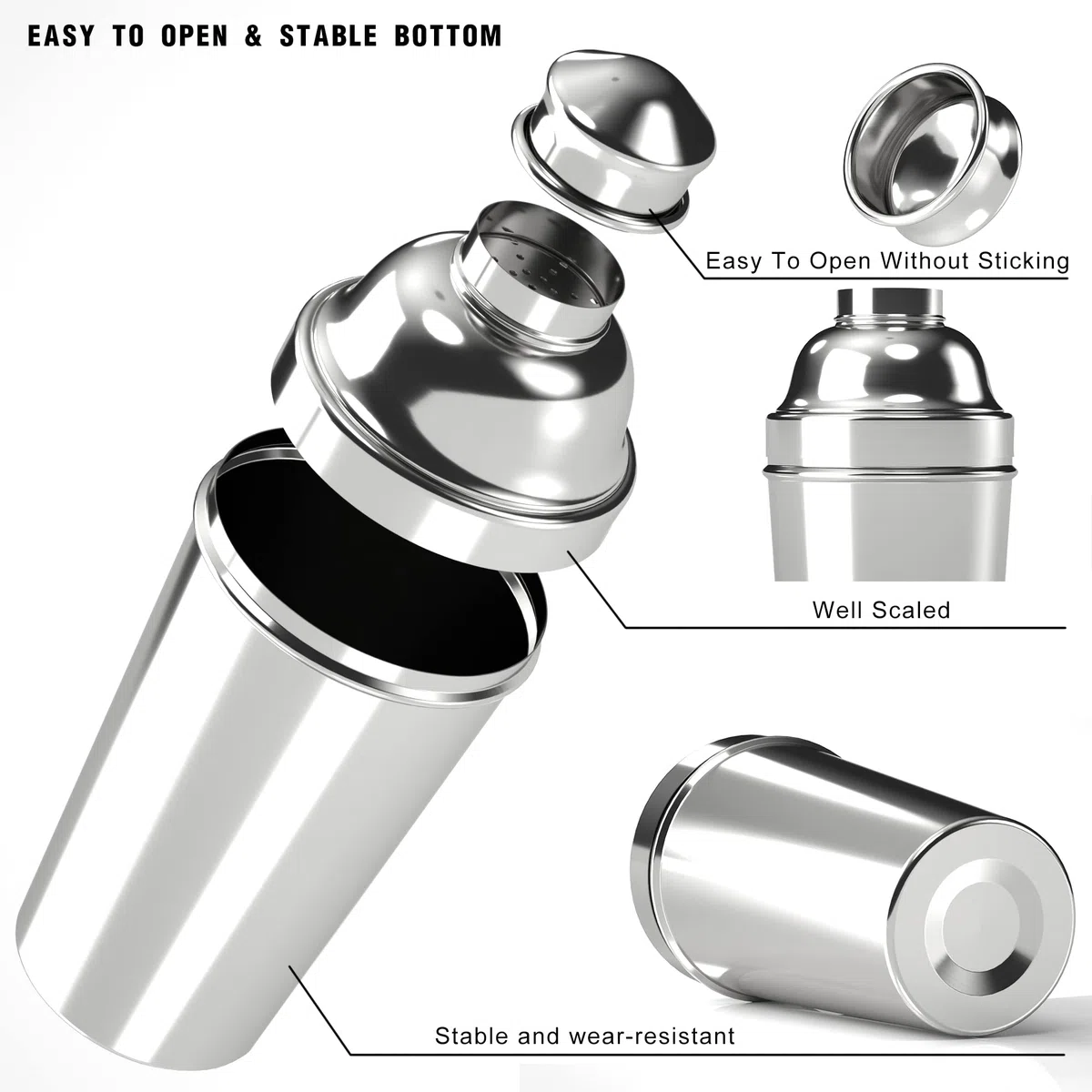 Grande shaker per cocktail da 1,8 l, in acciaio inox, color argento, per cocktail da barista, miscelatore per bevande da 1,8 l, colino integrato