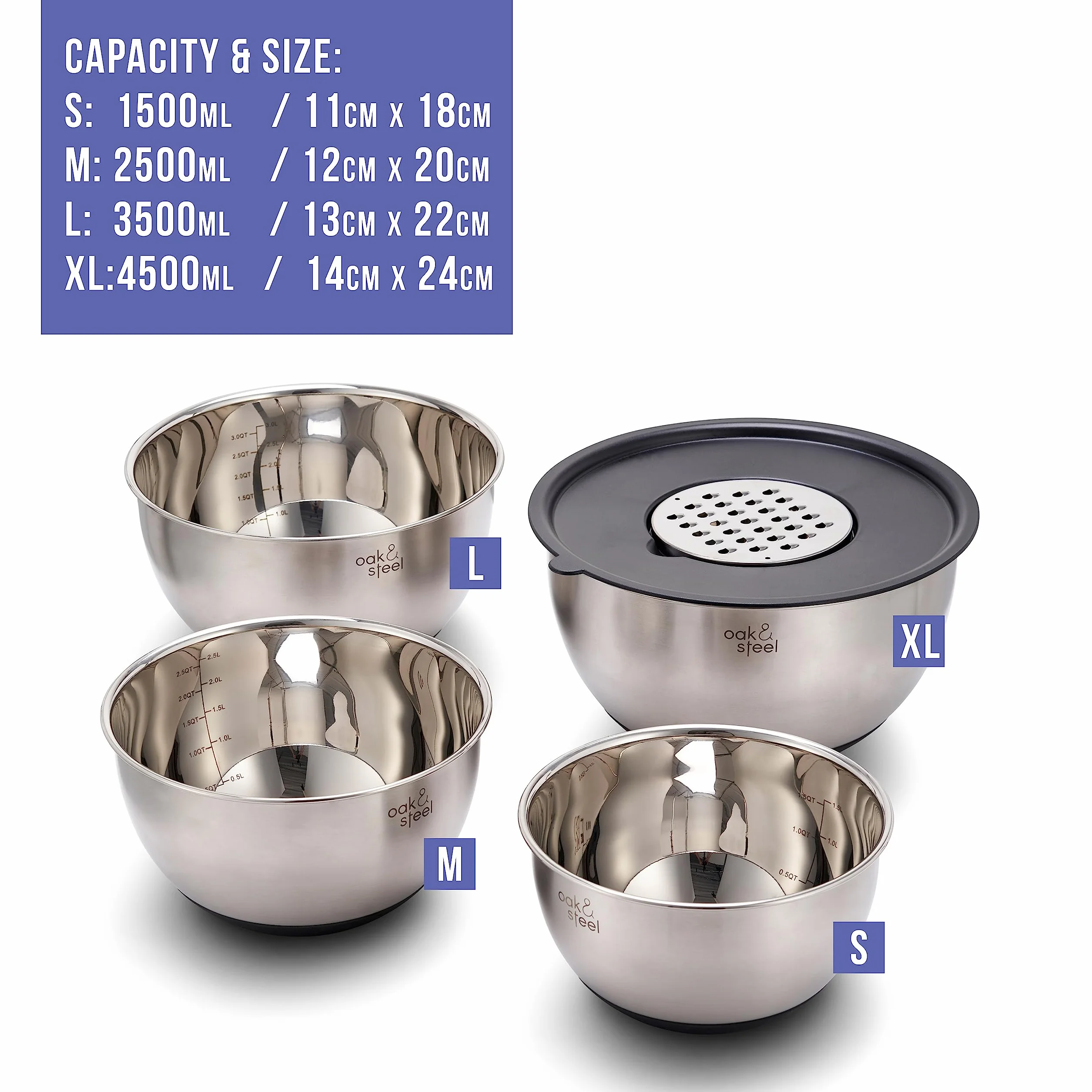 Oak & Steel - 4 Ciotole per Impastare in Acciaio Inox con Base Antiscivolo, Insalatiera (4,5 l, 3,5 l, 2,5 l, 1,5 l), 4 Coperchi ermetici e 3 Grattugie Regolabili