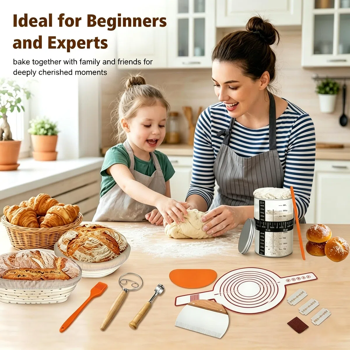 Kit di Banneton per Pane, 17 Pezzi Kit Pane A Lievitazione con Cesto Rotondo Ovale, Mixer, Coltello da Pane, Kit Panetteria per Principianti e Panettieri