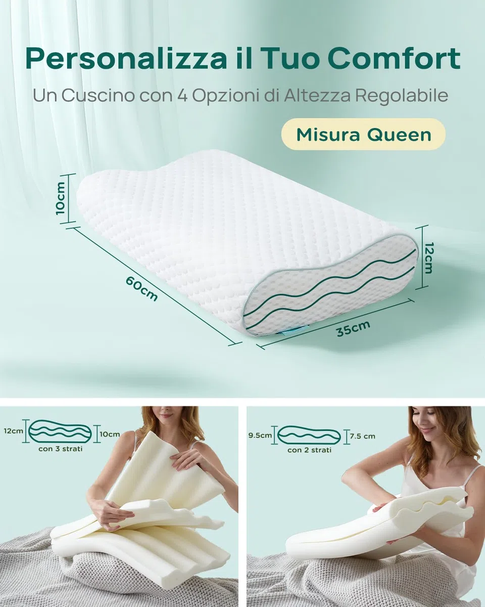 Releep Cuscino Cervicale Altezza Regolabile, Cuscino Ortopedico Memory Foam, Cuscino Ergonomico Antirussamento, Cuscino Rinfrescante per Dormire, Traspirante, Antibatterico, Antiacaro, Federa Lavabile
