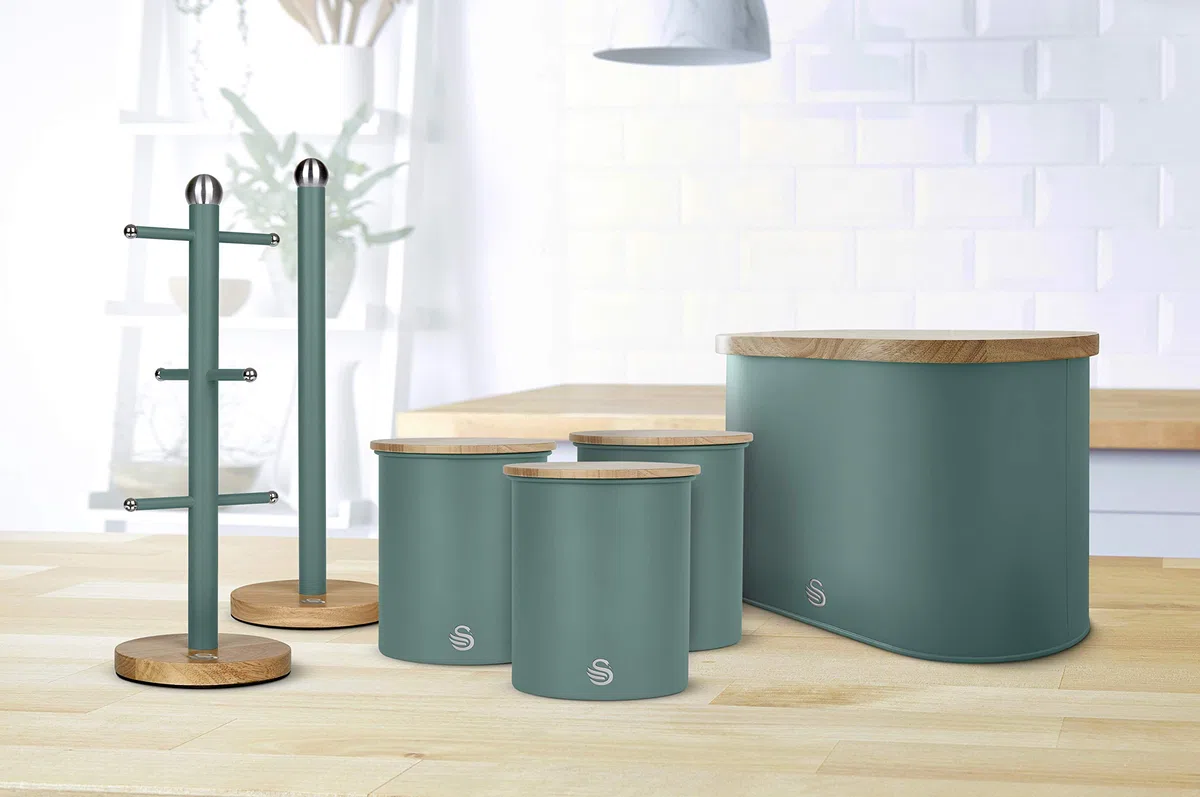 Swan Nordic Set di 3 Barattoli da Cucina in Acciaio al Carbonio, Robusti, con Coperchio in bambù, per Conservare tè, caffè e Zucchero, Design Moderno, Verde