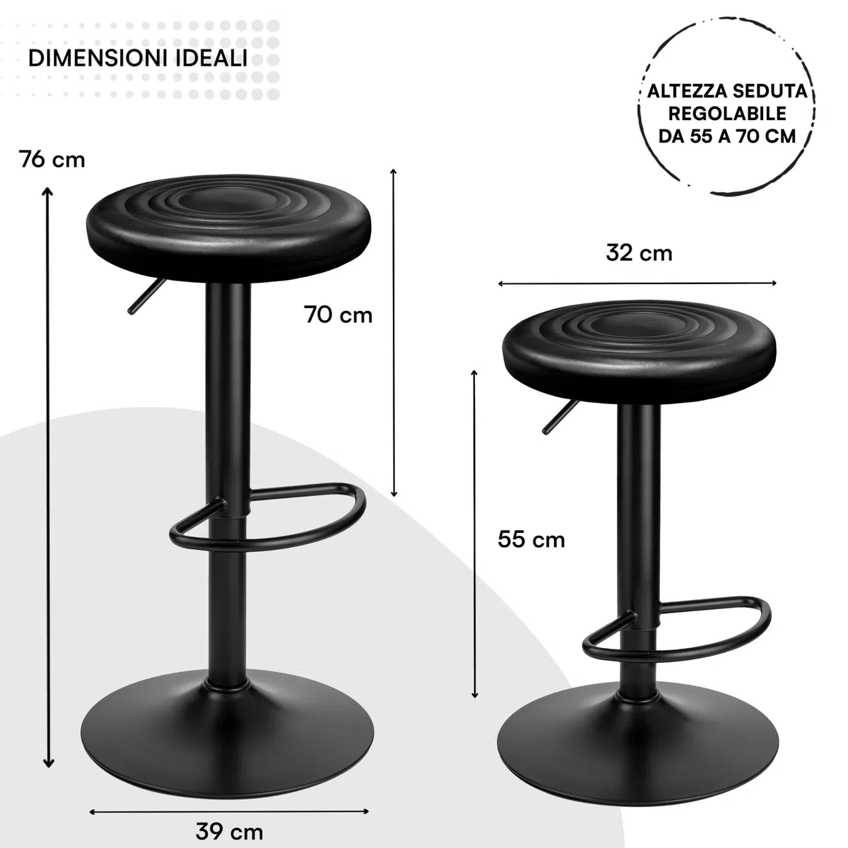 Baroni Home Sgabello Girevole Senza Schienale, Altezza Regolabile, in Ecopelle e Acciaio, Per Sala da Pranzo, Cucina, Bar, Leggero e Montaggio Facile, 39x36x55-76 cm, Nero, 1 Pezzo