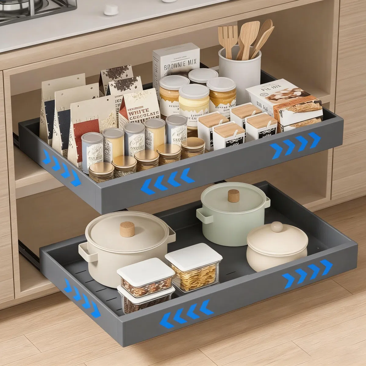 2PCS Cassetto Estraibile Cucina, Cassetti Estraibili per Cucina Cassetto Telescopico con 3 Guide Estraibili Autoadesive, larghezza Regolabile da 32 a 52 cm, Nessuna Foratura, per Cucinas, Bagno