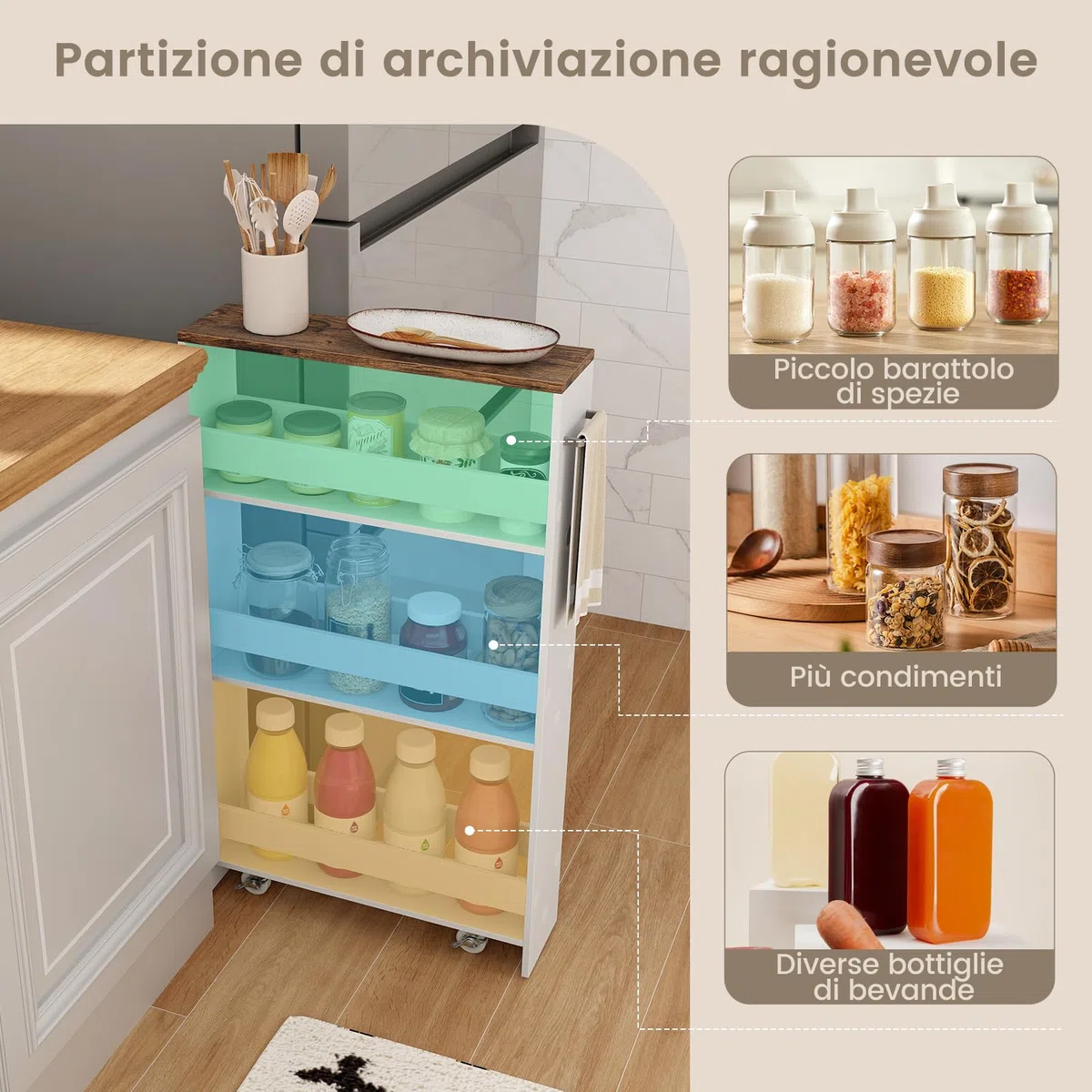 COSTWAY Carrello Portaoggetti a 4 Ripiani, Carrello da Cucina con Maniglia Laterale e Ruote, Carrellino Scorrevole Salvaspazio Slim e Sottile (Marrone+Bianco, 13 cm)