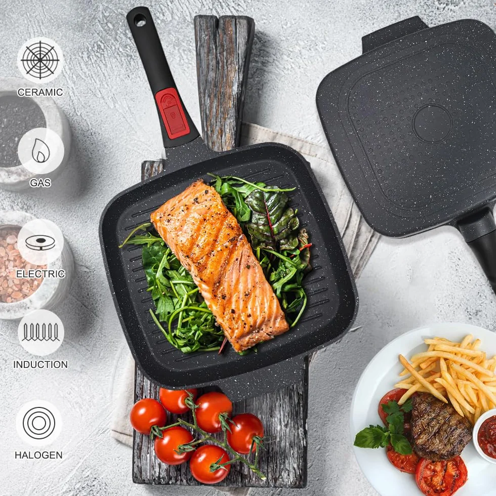 RANX INGST Bistecchiera Antiaderente con Maniglia Rimovibile, Padella Griglia con Coperchio, Pietra 26 x 24 cm Quadrata per Induzione, Alluminio pressofuso - Nero