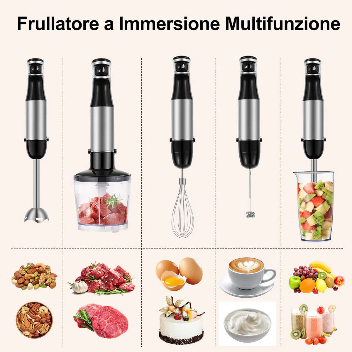 1000 W Frullatore a Immersione, 5 in 1 Frullatore Tritatutto Multifunzionale Con Velocità Regolabile, Include Frusta, Montalatte, Tritatutto da 500 ml e Misurino da 600 ml