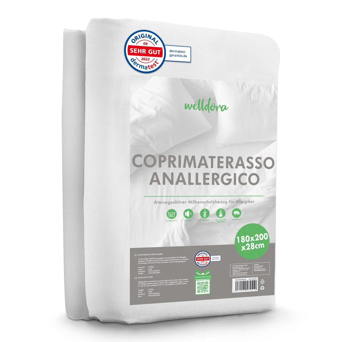 Welldora Coprimaterasso Antiacaro Premium – Copri Materasso Antiacaro Anallergico Testato - Rivestimento con Cerniera - Biancheria da Letto Anallergica (180x200x28cm)