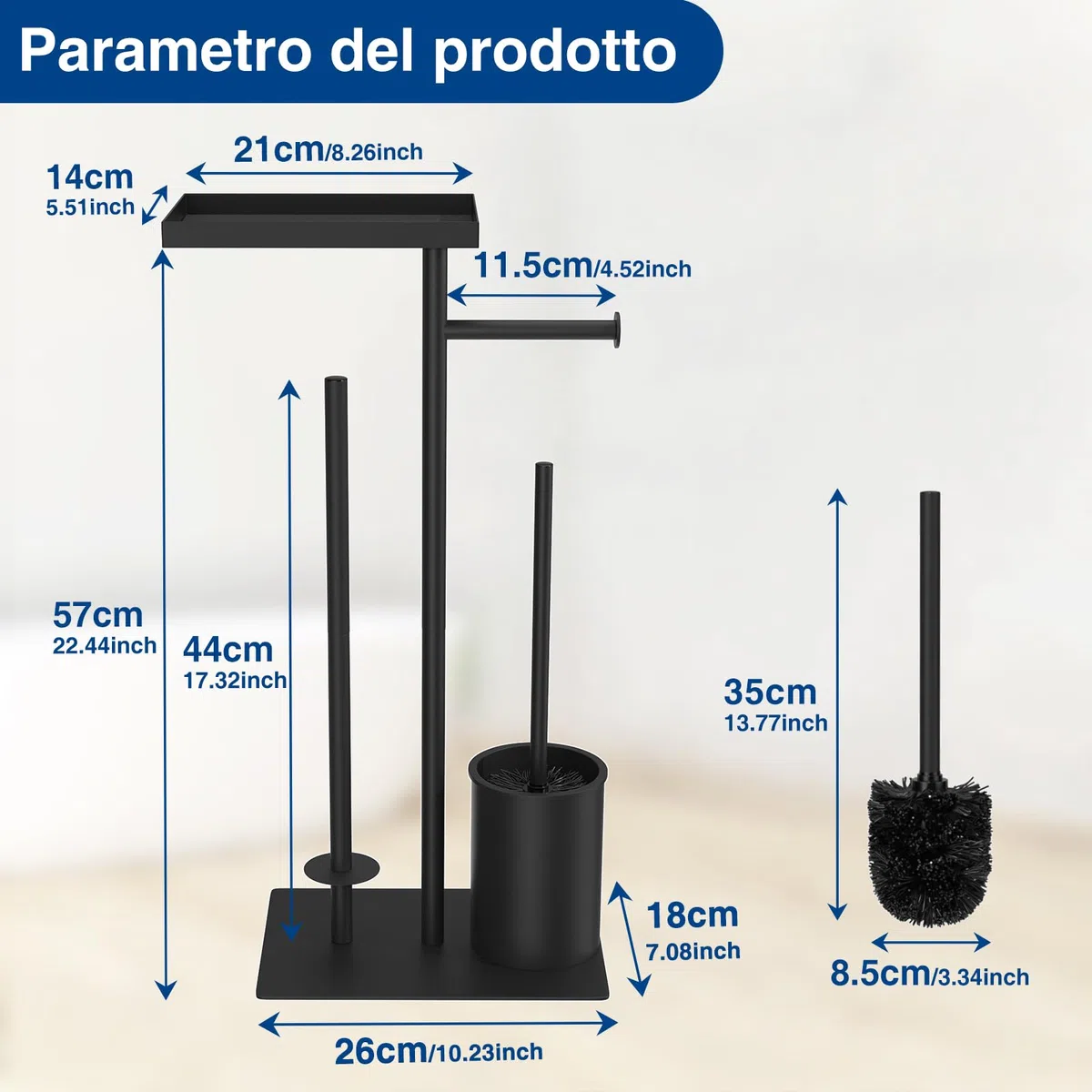 Porta carta igienica in acciaio inossidabile con scopino per WC - Set per WC con vassoio, spazzolino per WC e porta carta igienica
