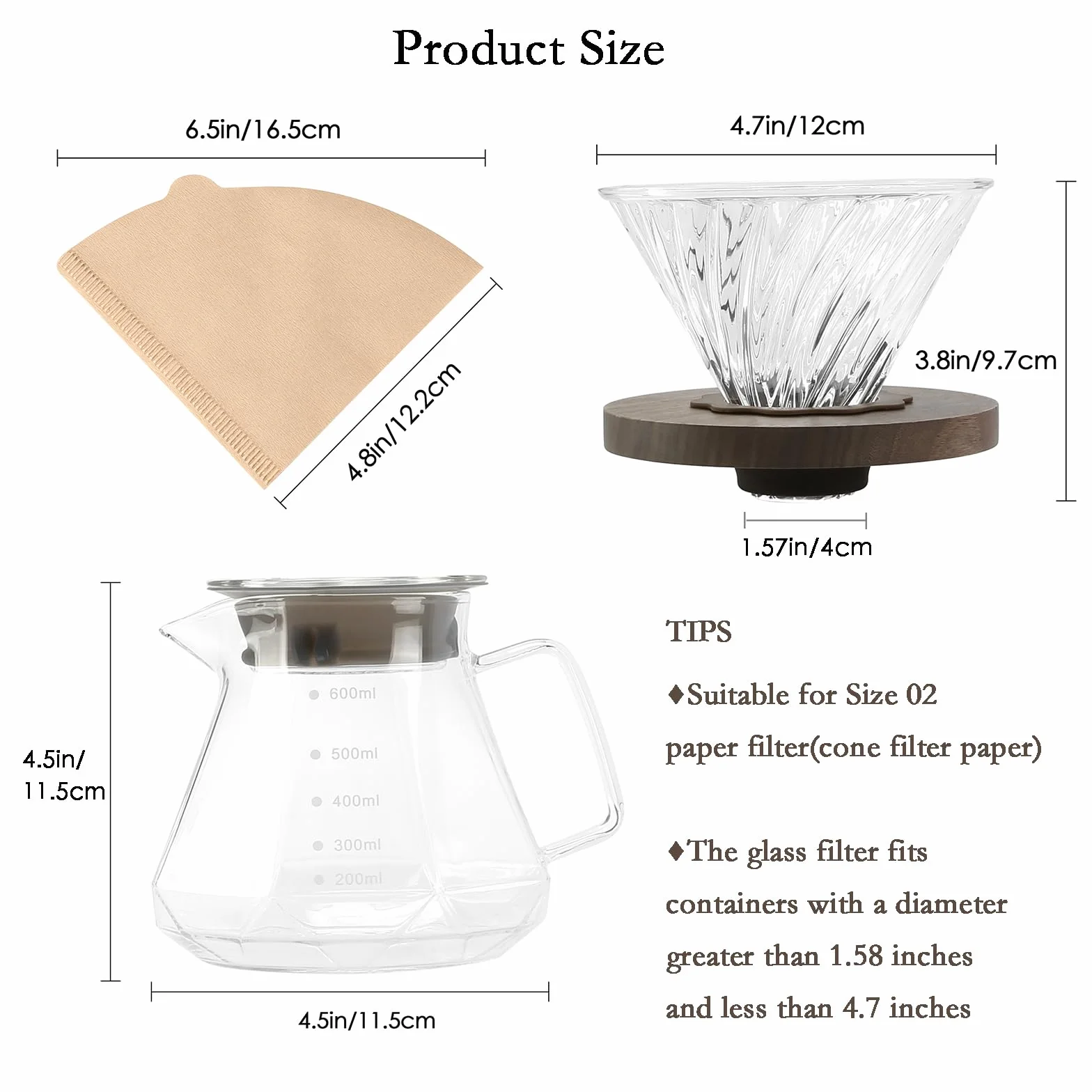 Lalord Caffettiera Pour Over, Caraffa in Vetro Borosilicato da 600 ml con 02 Carta Filtro, 100 pcs, Manico in Noce e Coperchio per Caffettiera
