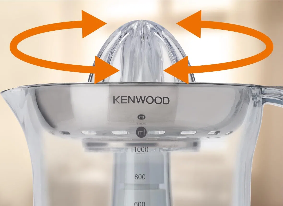 Kenwood JE290A Spremiagrumi elettrico, rotazione a destra e sinistra, base antiscivolo, vano portacavo, capacità caraffa 1L con misuratore graduato, pratico beccuccio, compatto, 40w, Bianco