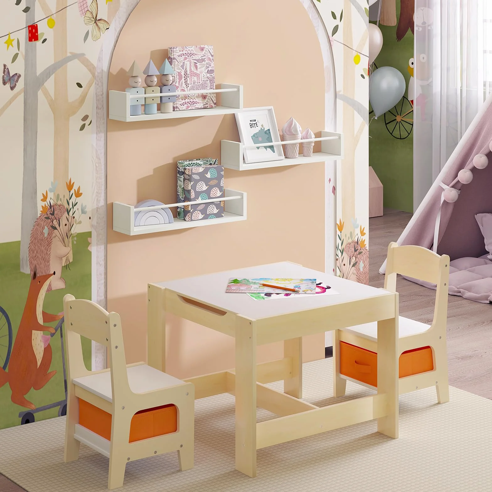 WOLTU Libreria da Parete per Bambini, 3 Mensole per Cameretta, Porta Libri e Giocattoli, Libreria Sospesa in Pino e MDF, Bianco, RG9508ws