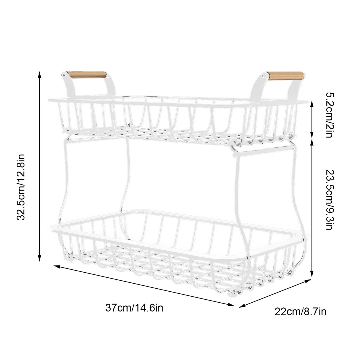 BestAlice Cesto Portafrutta a 2 Livelli per Piano di Lavoro della Cucina, Cestini per Il Pane Portafrutta Supporto per Verdure con Manico in Legno, Cesto in Filo Metallico Staccabile(Bianco)