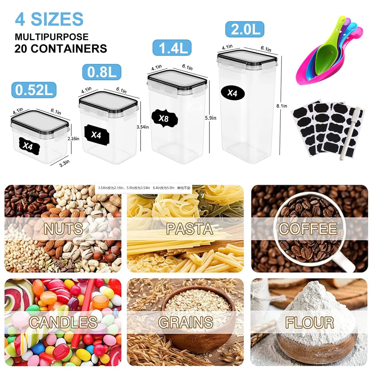 Contenitori Alimentari per Cereali Set 20 Pezzi,Cucina Contenitori Ermetici per Alimenti Plastica con Coperchio,Utilizzato per la Conservazione di Cereali,Muesli,Farina,Pasta,Muesli-Senza BPA