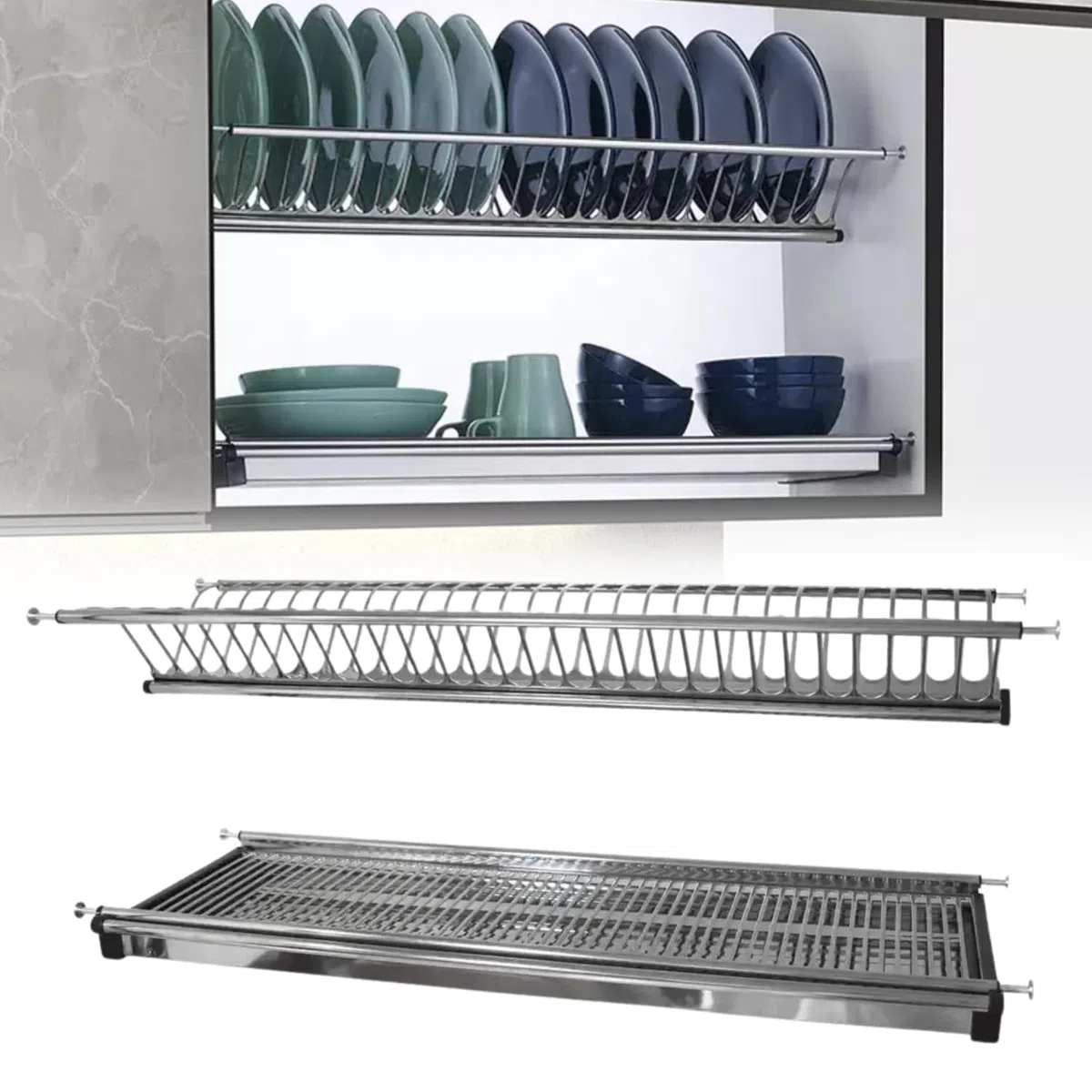 Evotrade Scolapiatti in Acciaio Inox ad Incasso con Molle Regolabili - Per Mobile Pensile - Kit con Raccogli Gocce e Griglia Bicchieri (Per Modulo 60 CM)