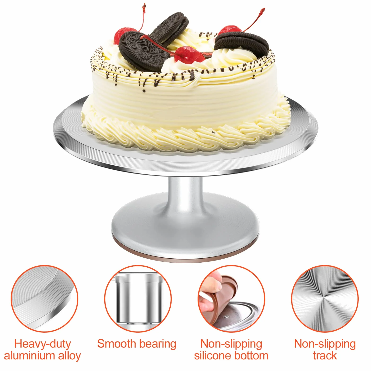 Relota 12'' piatto girevole per torte in Alluminio,kit pasticceria professionale con 2 Spatole per Glassare,3 Spatola Liscia,Supporto Rotante per Torte per Decorazione Pasticceria,Cupcake,argento
