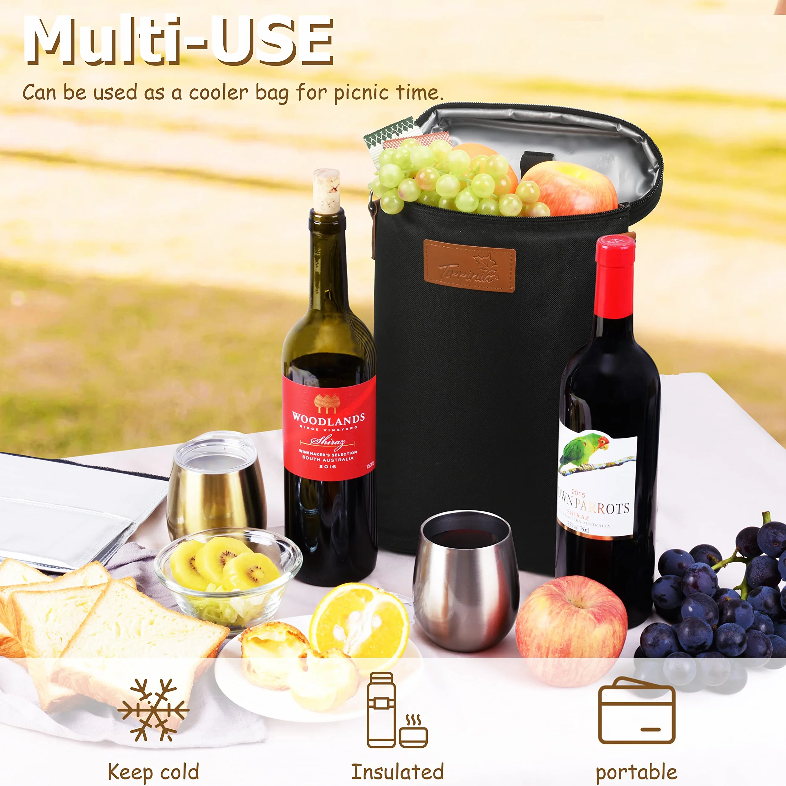Kato Tirrinia Borsa termica per bottiglie da 2/4, borsa termica per vino isolata, portatile, con cinghia, per picnic, feste, bYOB, ristorante, degustazione di vino, beige, 21 × 9 × 35 cm, strisce