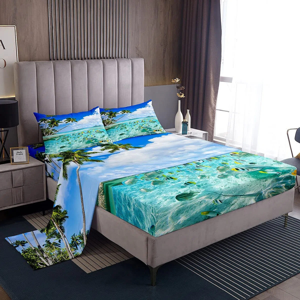 Set di lenzuola da spiaggia per letto matrimoniale donne, ragazze, tropicali, oceano tropicale, set di biancheria da letto con animali marini hawaiani, per le vacanze estive, con 2 federe, blu