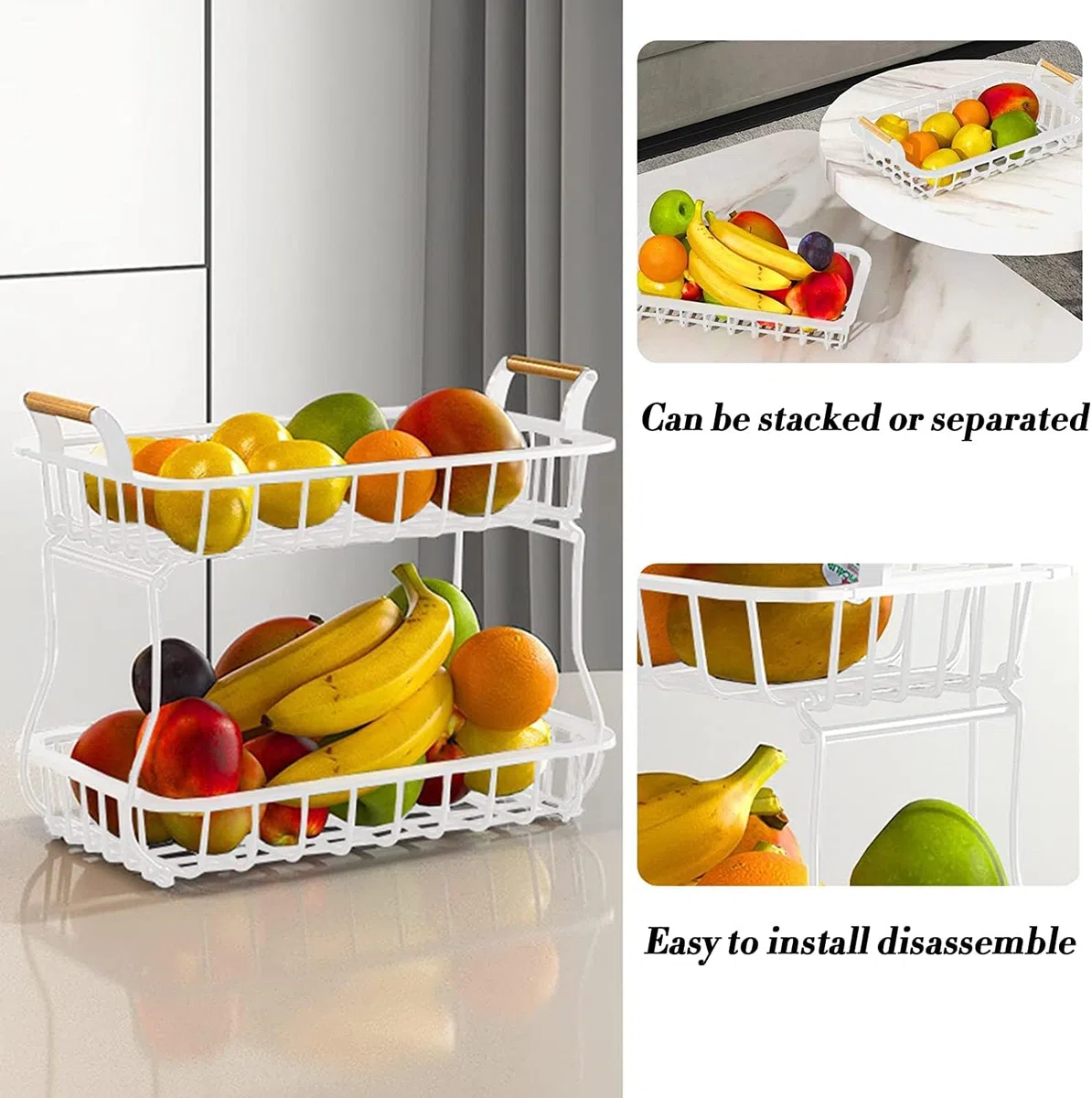 BestAlice Cesto Portafrutta a 2 Livelli per Piano di Lavoro della Cucina, Cestini per Il Pane Portafrutta Supporto per Verdure con Manico in Legno, Cesto in Filo Metallico Staccabile(Bianco)