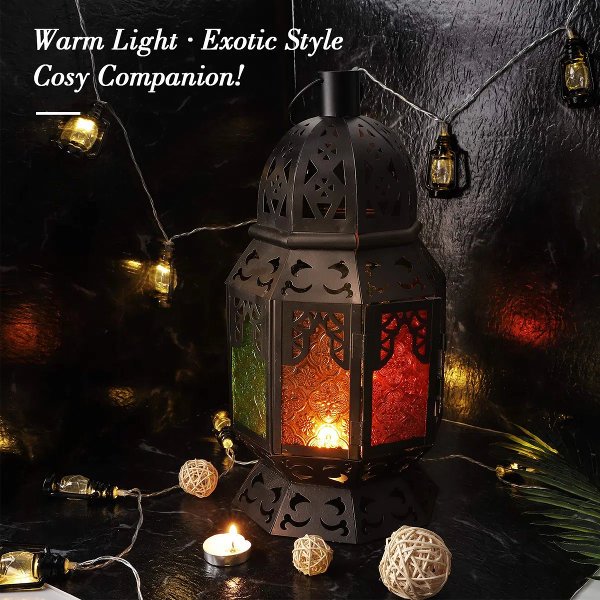 Lewondr Porta candela Marocchina in Ferro con Schermata in Vetro Multicolori, Dim 12,6 x 12,5 x 26 cm, Illuminazione Giardino, Lampada Parete Ramadan per Giardino, Balcone - Nero