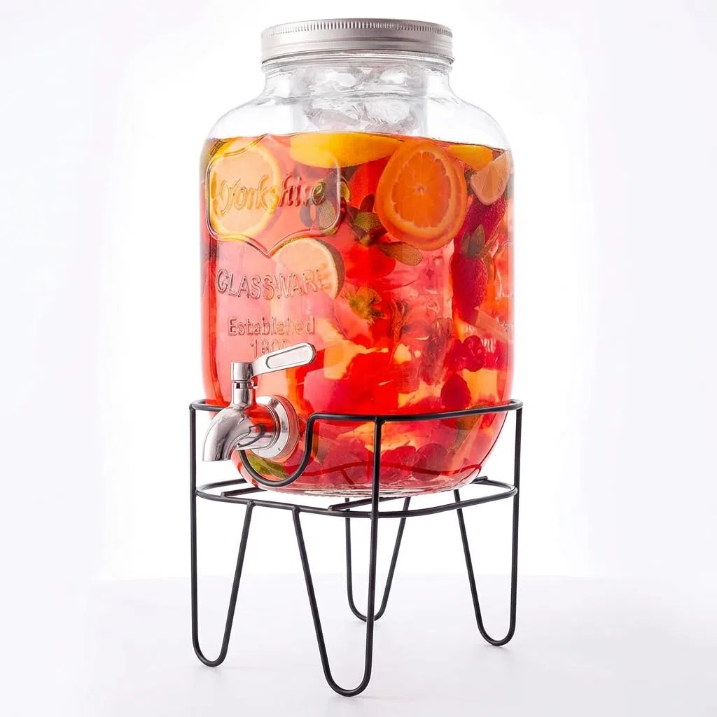 Dispenser in Vetro per Bevande 4L con Rubinetto Cromato, Lavabile in Lavastoviglie, Campeggio o Aperitivi, Ideale Per Bar, Cucina, Pub, Ristorante, Contenitore Distributore Acqua Con Supporto