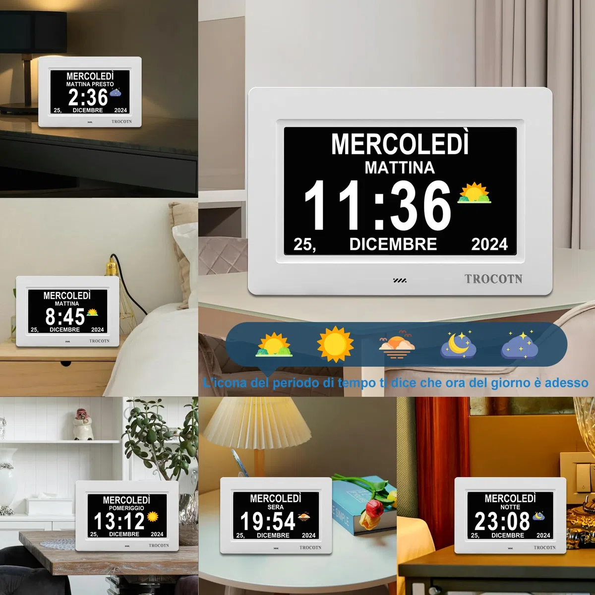 TROCOTN Grande orologio digitale per anziani, con calendario, grande display con allarmi personalizzati, orologio da parete con giorno e data, sveglia, orologio da scrivania (7 Pollici, bianco)