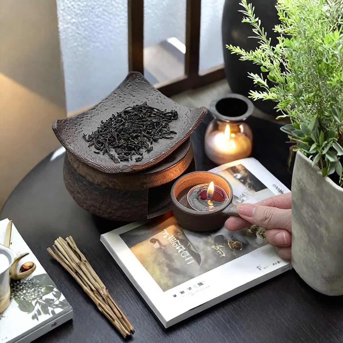 Bruciatore di oli essenziali in ceramica per aromaterapia, bruciatore di incenso Zen e cedro, fatto a mano, kit per meditazione, relax e decorazione della camera da letto