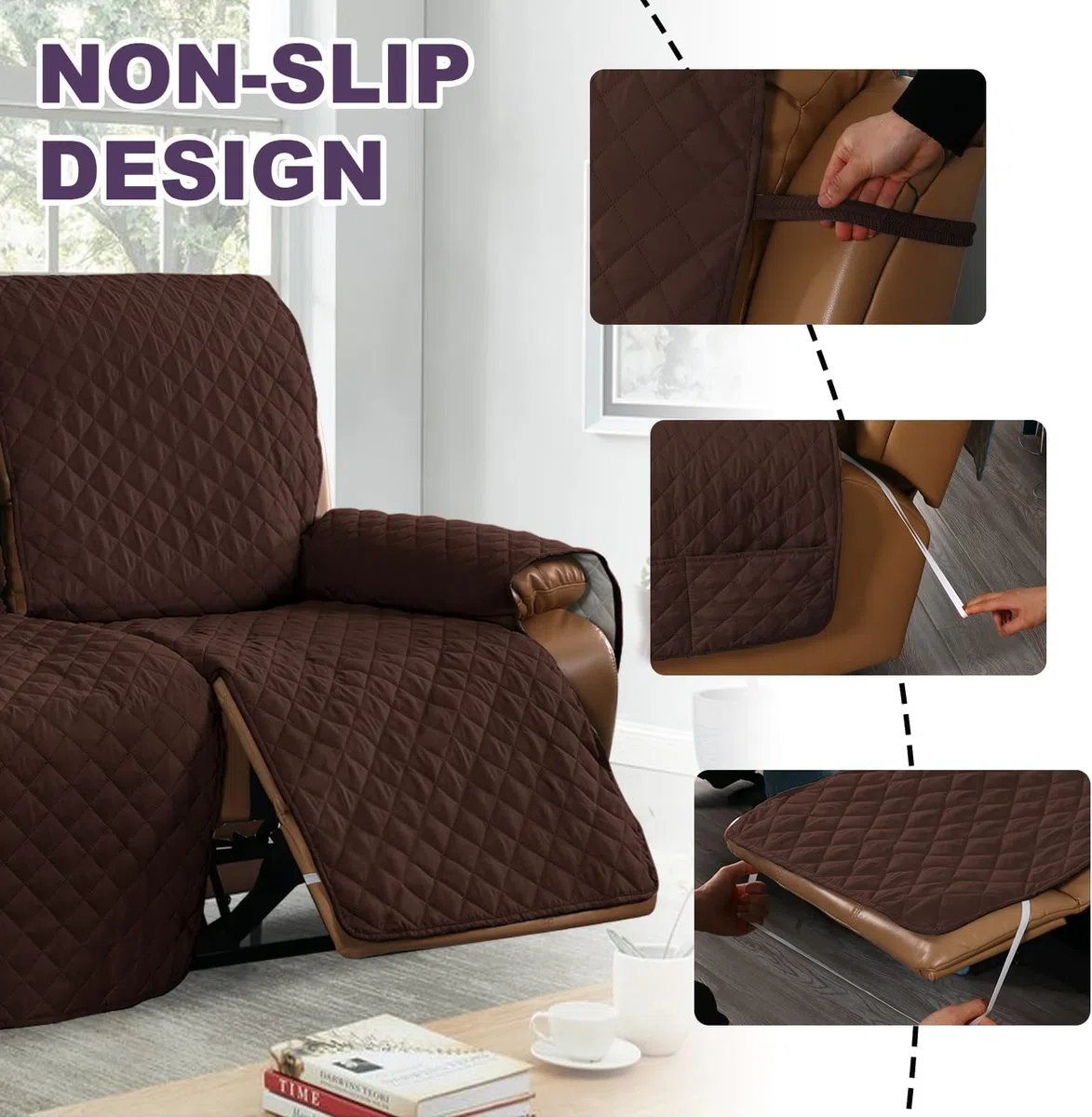 Copripoltrona Relax Reclinabile Trapuntato Copridivano Reclinabile, Copertura Salvadivano per Poltrona Antiscivolo Antivegetativa per Protezione Divano con Fascia Elastica(Marrone,2 Posti)