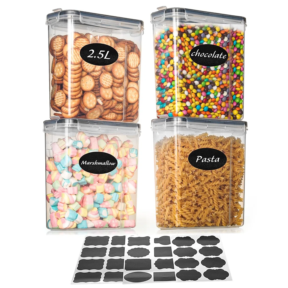 AiQInu 2.5L Contenitori Ermetici per Alimenti con Coperchio, 4 Pezzi Organizer Dispensa Cucina per Cereali in plastica per Conservare Cereali, Pasta, Farina, Cibo per Animali Domestici