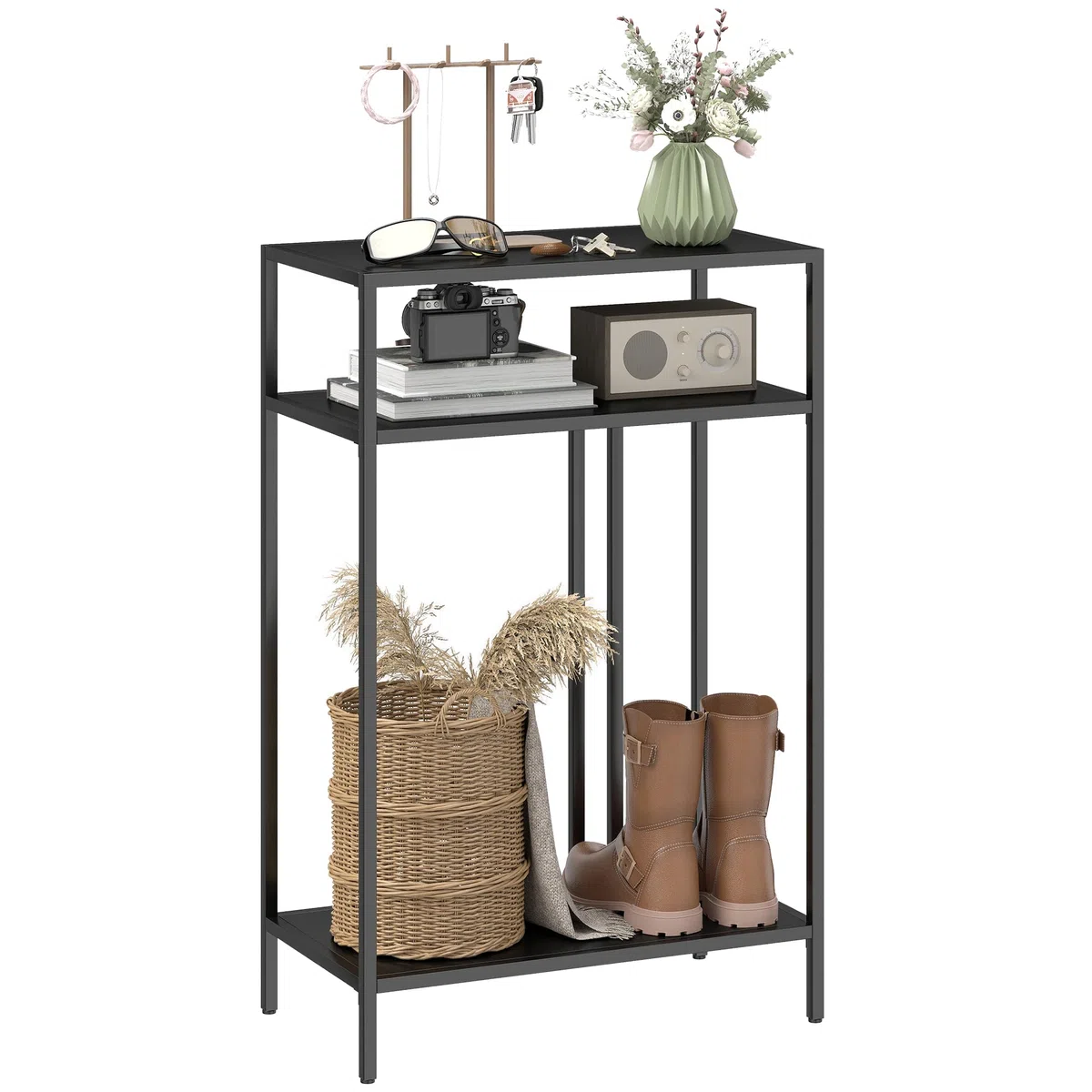 HOMCOM Consolle Ingresso con Ripiani, Tavolo Consolle in Metallo, Tavolino Ingresso per Camera da Letto, 55x30x85 cm, Nero