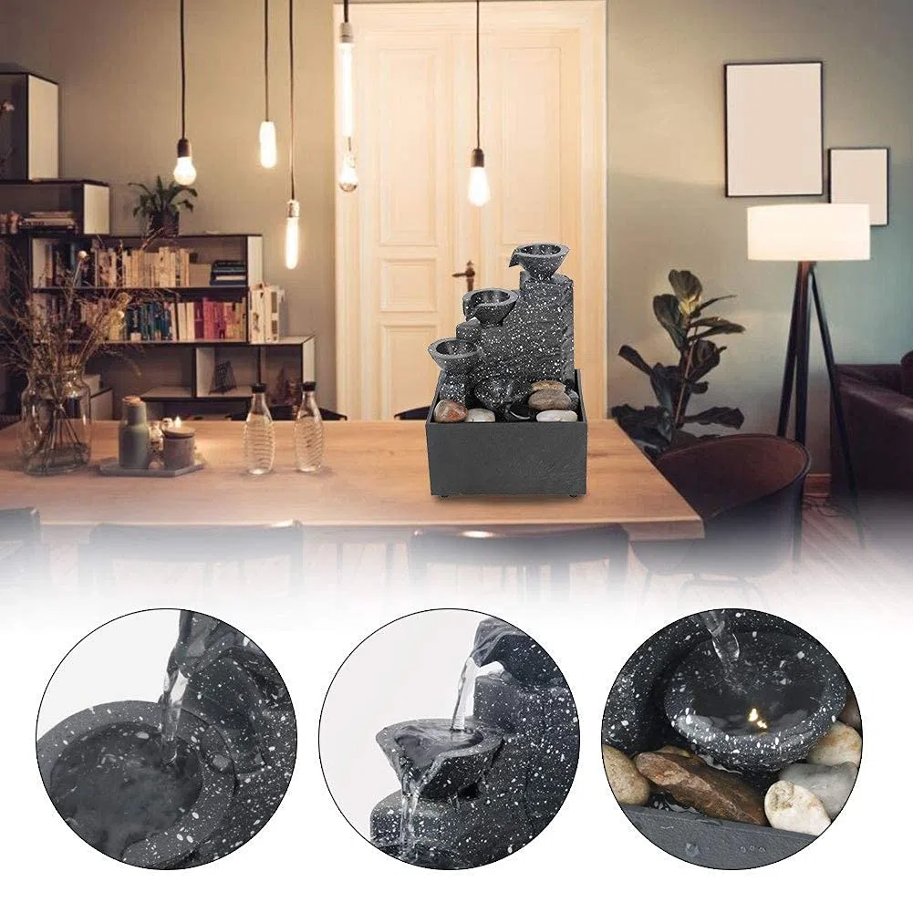 Fontana Zen da Interno d'acqua da tavolo,USB cascata LED a 3 livelli,Ornamenti Feng Shui per interni Suono dell'acqua calmante e rilassante per la decorazione dell'ufficio