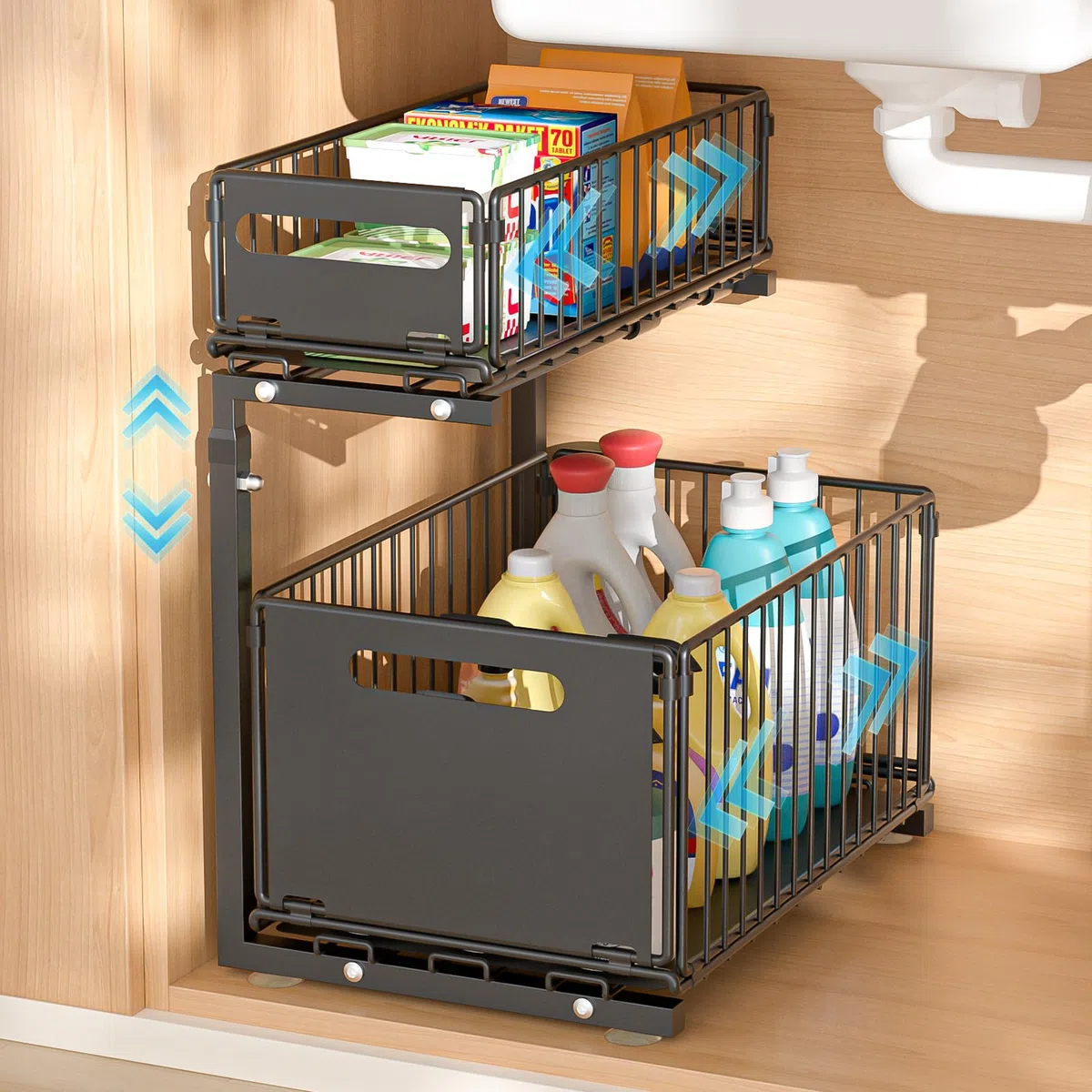 Organizer Sottolavello Cucina 2 Livelli,Sottolavello Cucina Metallo,Altezza Regolabile,Organizzatore Sottolavello Cucinas,Estraibile,Nero,1 Pezzi