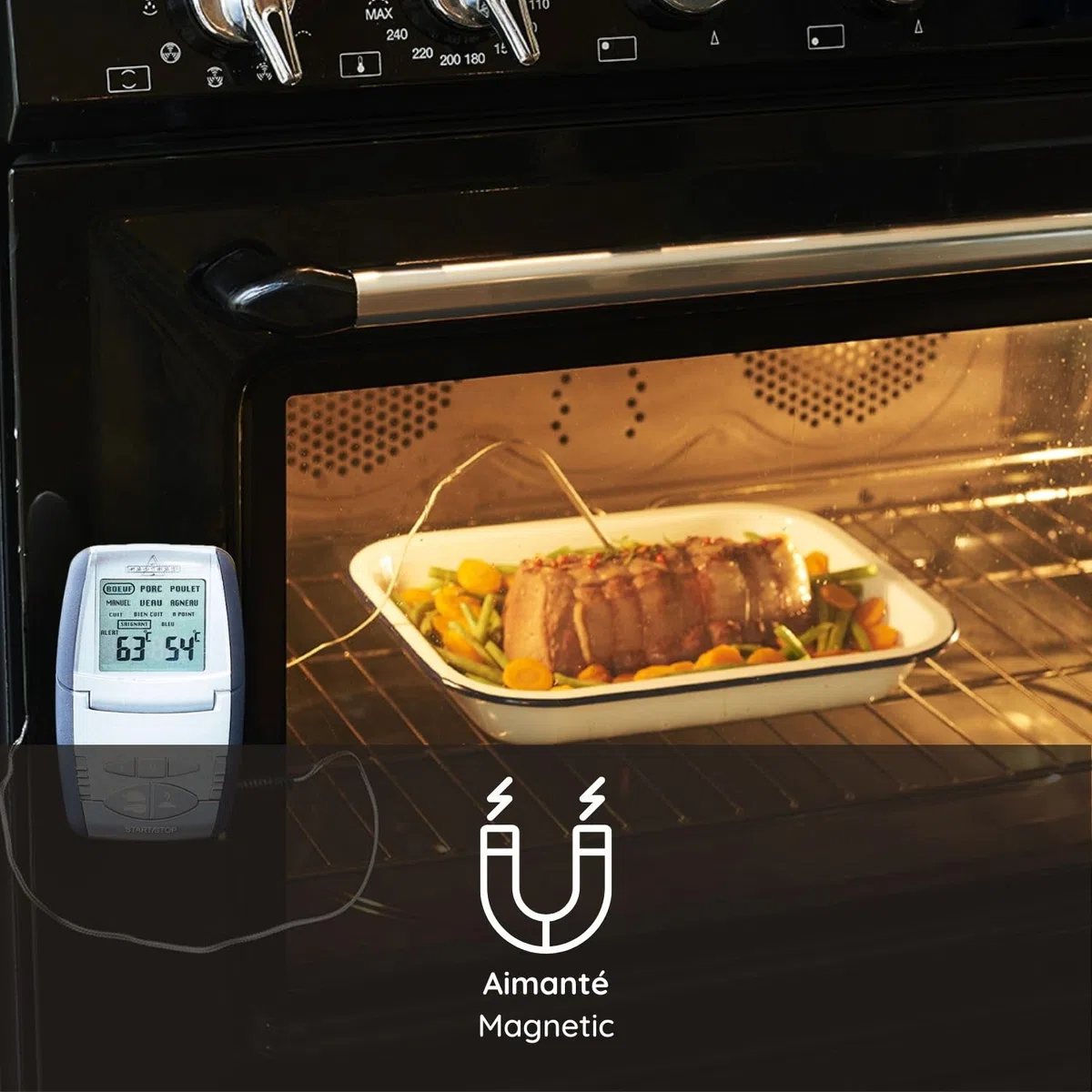 MASTRAD – Thermo-Sonde de De Cotisson m Classic + – vos Ricette cotte à la Perfection – Timer integrato – Case Magnate – Compatibile forno e induzione – Maniglia 100% Silicone – Batteria LR3 inclusa
