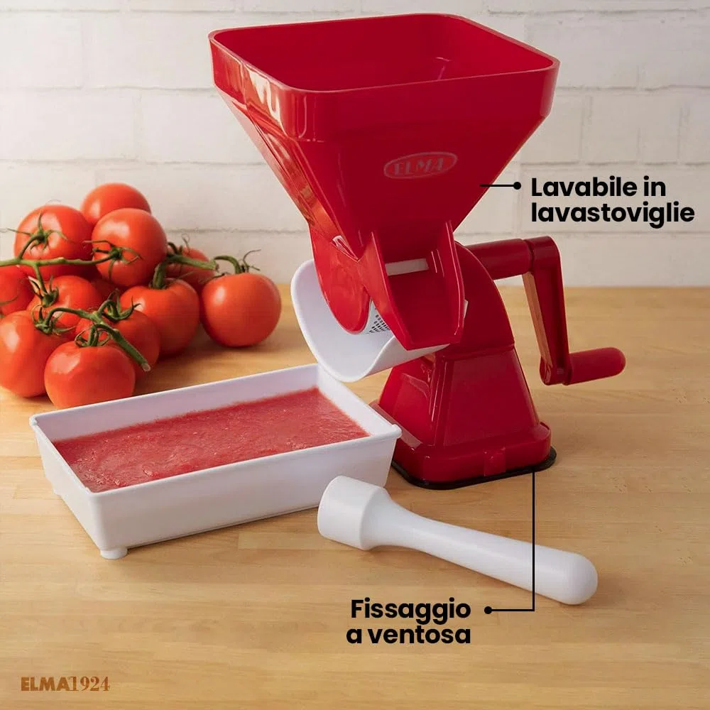 Elma Passapomodoro Manuale Macchina per Pomodoro in Plastica con Fissaggio a Ventosa con Filtro in Acciaio Inossidabile Rosso per Fare la Salsa di Pomodoro