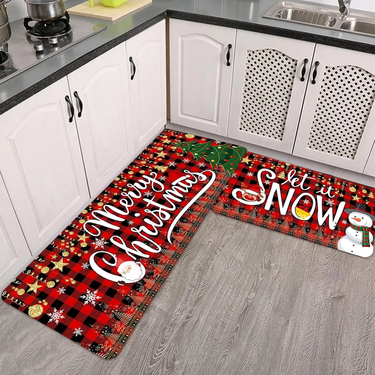 PLUSHCEWT Set di 2 tappeti da cucina natalizi, antiscivolo, lavabili, motivo natalizio con motivo a quadri di bufalo rosso, decorazione natalizia per la cucina (40 x 120 cm + 40 x 60 cm)