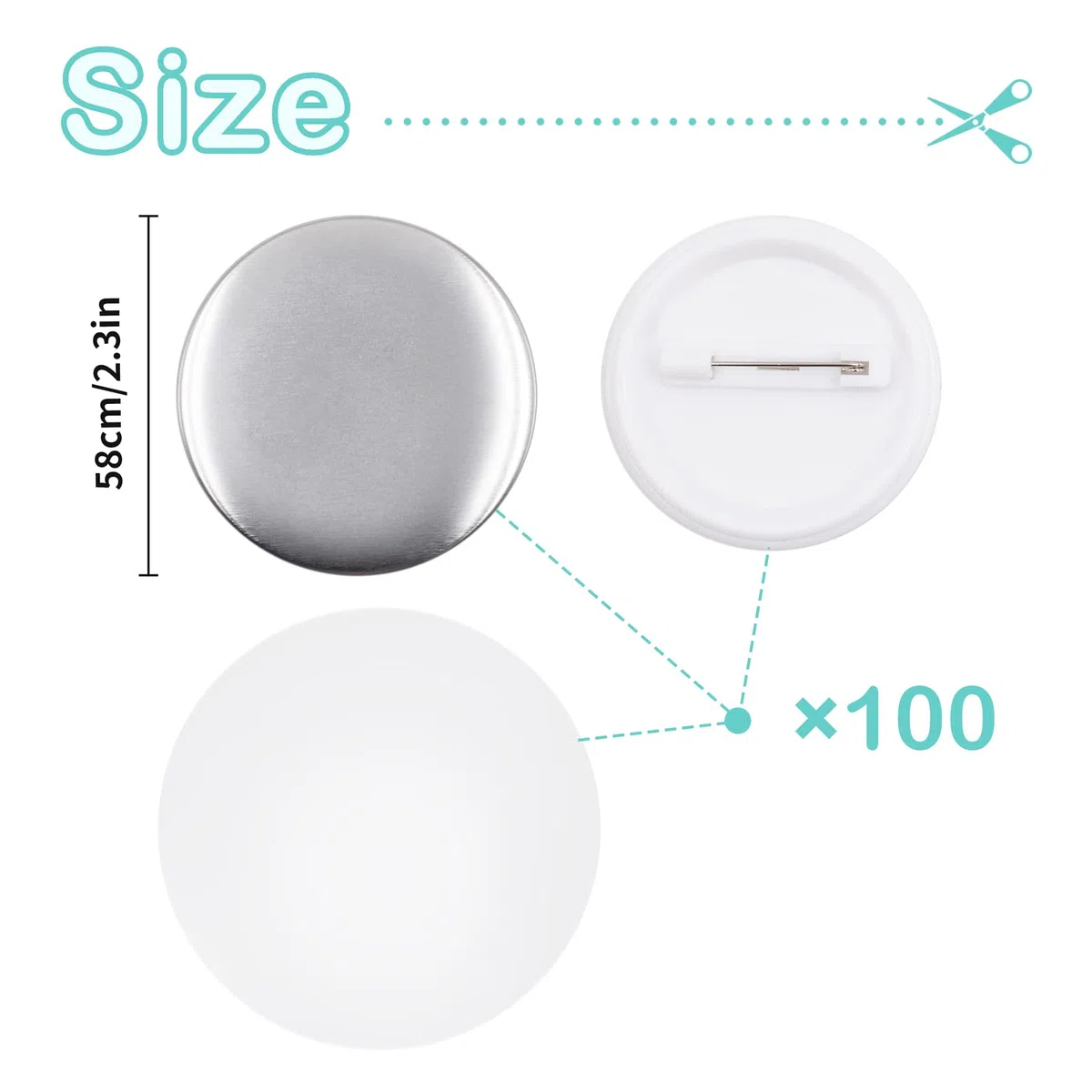 100 pezzi 58mm Blank Pin Button Parti del bottone posteriore per Button Maker Machine Artigianato fai da te tra cui coperture in metallo e pellicola trasparente