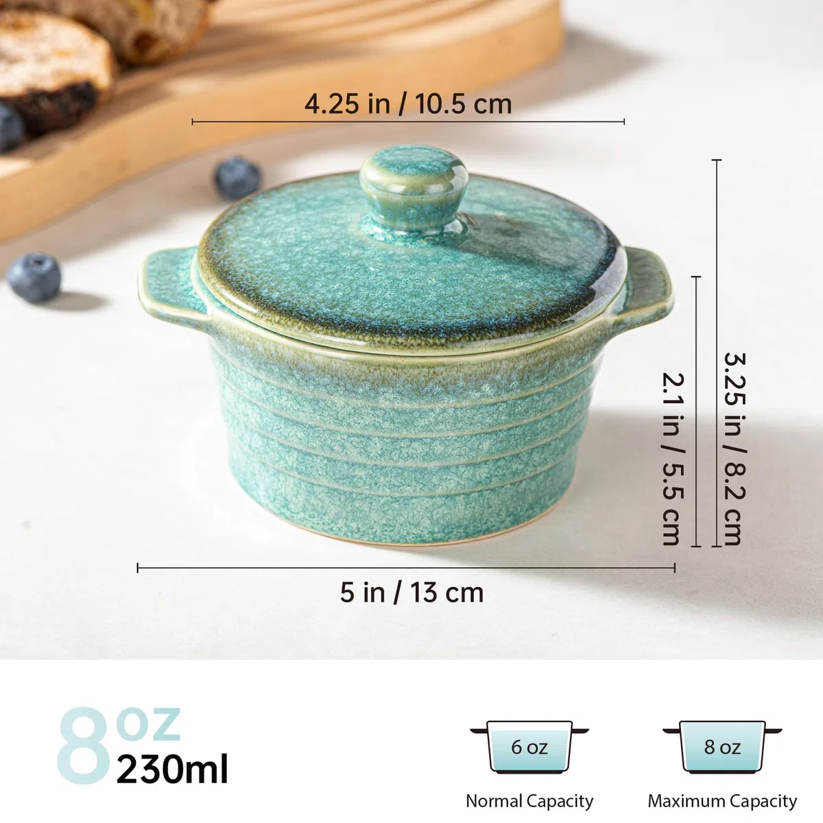 HENXFEN LEAD Mini Cocottes in gres porcellanato, 230 ml, pirottini per souffle con coperchio, set da 4 piccoli pirottini per casseruola, Verde Lucido